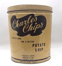 Vintage 1970s Charles Chips Potato Chip Tin w/lid 16 Oz Mountville PA Calhoun KY picture