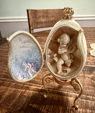 2 Faberge Musical Egg Trinkets Cherub Angel Jeweled Pearl Ornate (plays music) picture