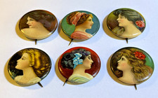 Antique 1900s Whitehead & Hoag Celluloid Lady Portrait Pinback Buttons Lot of 6 picture