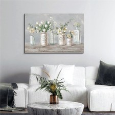 7Fisionart Vintage Farmhouse Floral Wall Art 5 Jar White Tulip Lily of The picture