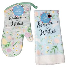 Easter Wishes Bunny Flower Floral Oven Mitt Potholder & Kitchen Towel Set Decor picture