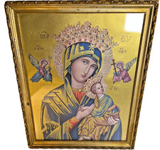 LARGE Virgin Tenderness Orthodox Icon Mary & Christ Child Gold Lithograph Framed picture