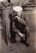 Old Photo Snapshot Handsome Sailor Navy Man On Naval Ship Portrait #29 Z41 picture