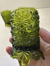 VTG 1970s Avocado Green Daisy & Button Glass Votive Tulip/Toothpick Match Holder picture