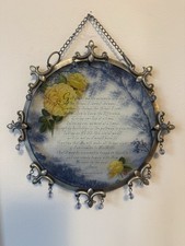 Vintage Serenity Prayer Glass Wall Hanging Ornate Metal Frame Beads Roses AA picture