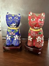 Vintage Chinese Cloisonne Enamel Cat Figurines Pair Red Blue Cherry Blossom picture