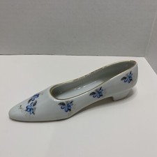 Porcelain slipper figurine blue flowers gold trim vintage shoe 7.5” x 2” x 2” picture