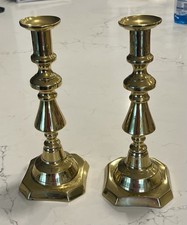 Antique 10.25” Brass Victorian Candlesticks Holders Tiered Baluster Sq Base picture