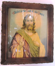Antique 1870's Christian Jesus Wood Framed Print Christ Is Head of This House picture
