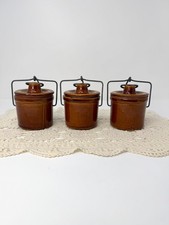 Vintage Brown Stoneware Bean Pots Crocks Lids Wire Bail Handles Set of 3 picture