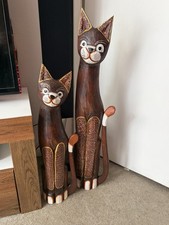 Pair of Striking Hand-Carved+Painted Wooden Cat Floor Sculptures 30” and 23”  picture