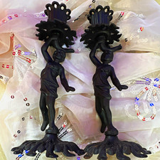 Vintage JM Iron Art Co. Black Cast Iron Figural Lady Candlestick Pair picture