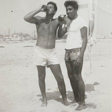1940s Shirtless Men Drinking Beer Swim Trunks Gay Interest Vtg Snapshot Photo picture