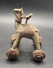 Antique Brass Soldier Rider Camel Figurine On Wheels Equestrian Temple Toy India picture