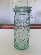Vintage Spaghetti & Pasta Jar Hermetic Embossed Green Glass Airtight Lid Italy picture