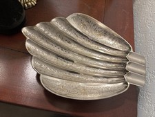 Vtg Silver Brass Scalloped Trinket Ashtray MCM Etched Ornate Footed Leaf Heavy picture