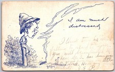 Much Distressed Country Boy Tattered Hat Burning Cigar Antique Postcard 1906 picture