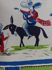 Vintage Mexican Tablecloth XL 52x64 Donkeys Dancing Fiesta Festive picture