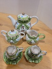 Miniature Pink & Green Hand Painted Porcelain Ceramic Tea Set Mini Country Decor picture
