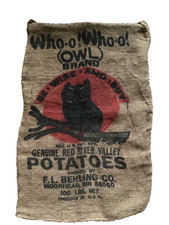 VINTAGE OWL BRAND Whoo Whoo 100lb BURLAP POTATO SACK Rustic Halloween decor EUC picture
