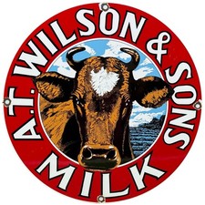 VINTAGE A.T. WILSON & SONS MILK PORCELAIN SIGN FARM COW DAIRY GROCERY STORE picture