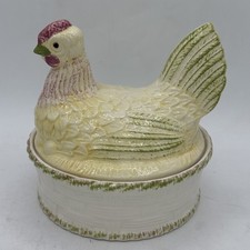 VTG Ceramic Hen on Nest Chicken Covered Dish Basket Candy Bowl Yellow Green 6” picture