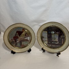 Pair Vintage Peerage Brass Wall Plates Foil Art English Tudor Cottage Pub Scene picture