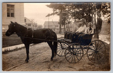 RPPC c1910s Two Young Boys Driving Wicker Basket Pony Cart Small Postcard picture