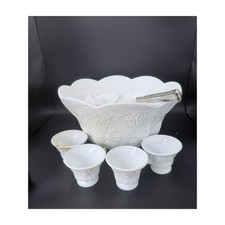 Vintage Westmoreland Paneled Grape Milk Glass Punch Bowl Set Cups Ladle picture