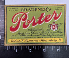 VTG Beer Bottle Label - Graupner's Porter 12 oz IRTP Harrisburg PA  IRTP picture
