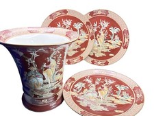 Beautiful Carved Asian Style Vase With Three Carved Antique Japanese Set picture