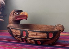 Len Paquette Cree Northwest Coast Carved Cedar Eagle Canoe Feast Bowl Native Art picture