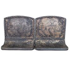 Antique Holland Dutch Scene Tin Over Cast Iron Metal Bookends Windmill Sailboats picture