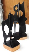 2 Abstract Modern John-Paul Philippe Sculptures Black Metal Wood Base Signed picture