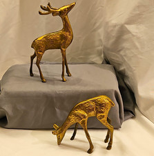 Pair Vintage MCM Cast Brass Stag Doe Deer Figurines Spotted Heavy 6 Inch Tall picture