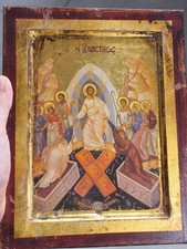 Vintage Greek Orthodox Icon The Resurrection Anastasis Jesus Christ Gold Leaf picture