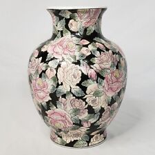 H.F.P. Macau Black Vase Blush Pink Mauve Floral Roses ~ Embossed 12”h picture