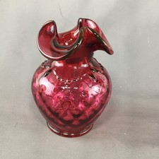 (1995) Fenton Cranberry Glass Ruffled Edge Basket Weave Signed Lynn Fenton Vase picture