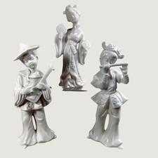 Vintage Japan White Porcelain Asian Musician Figurines Set 3 Geisha Flute Lute picture