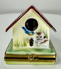 Rare Limoges Rochard Hand Painted Cat & Bird Birdhouse Trinket Box Pls READ picture
