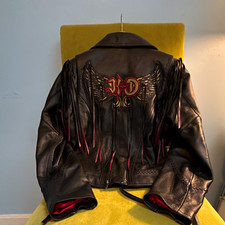 Harley-Davidson Women’s Leather Motorcycle Jacket Red Lining Fringe Embroidered picture