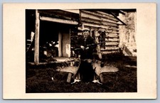 K57/ Interesting RPPC Postcard c1910 Man Log Cabin moose Hunting Rifle 344 picture