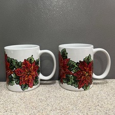 2 Vtg OOAK Hand Painted Coffee Mugs Signed Lora ‘05 Poinsettias Flowers EUC picture