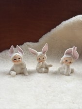 3 Vintage LEFTON Easter Snow Bunny Rabbit Pixie Bunnies Sugar Texture Japan Set picture