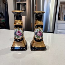 Pair of Vintage Lemoge Design Cobalt Blue and Gold Gilt Floral Porcelain Candles picture
