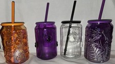 4pc Dollar Tree Halloween Glass Cup Lot: Ghosts, Cats, Orange & Purple Spiderweb picture