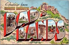 c1940s North Dakota BADLANDS Large Letter Greetings Postcard Kropp Linen /Unused picture