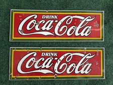Two Vintage 1989 Coca Cola Porcelain Advertising Sign  Red & Green 18