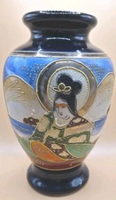 Vintage Japanese Satsuma Moriage Vase Hotta Yu Shoten Kannon Goddess Cobalt 6.5