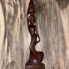 Vintage Hand Carved Wooden African Woman Statue 11” Mid Century Tribal Style picture
